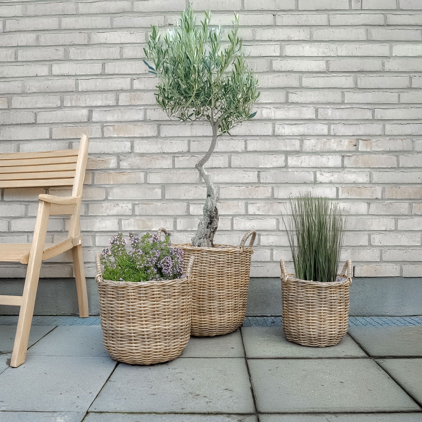 Rattan plantekurv i natur, 3 stk
